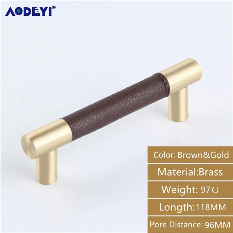 Brown Gold 96MM 2 шт ручки для мебели из кожи и латуни, ручки для ящика винного шкафа, ручки для кухонной двери, ручки для шкафа, выдвижные ручки - Цвет: Brown Gold 96MM