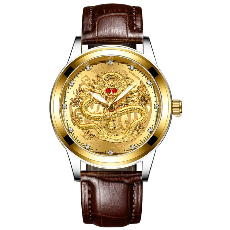 leather gold gold Роскошные Кварцевые часы с драконом Модные мужские золотые наручные часы Лидирующий бренд полностью стальные часы бизнес простые часы Relogio Masculino - Цвет: leather gold gold