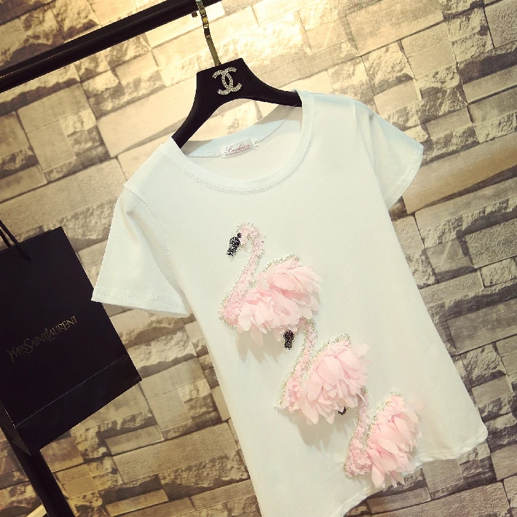 2018 Весна и Лето Корейская футболка Женская Новая мода вышивка порошок Лебедь