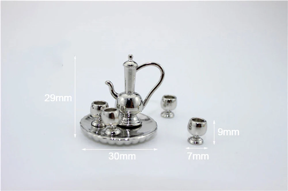 silver 1/12 Миниатюрные аксессуары для кукольного домика, мини кукольный винный горшок с поддоном для чашки, имитационная модель мебели, игрушки для декора кукольного дома - Цвет: silver