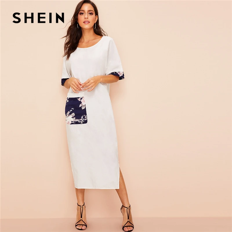 SHEIN Платье С Карманом, Разрезом И Цветочным Принтом Женское Белое Платье С Средним Рукавом