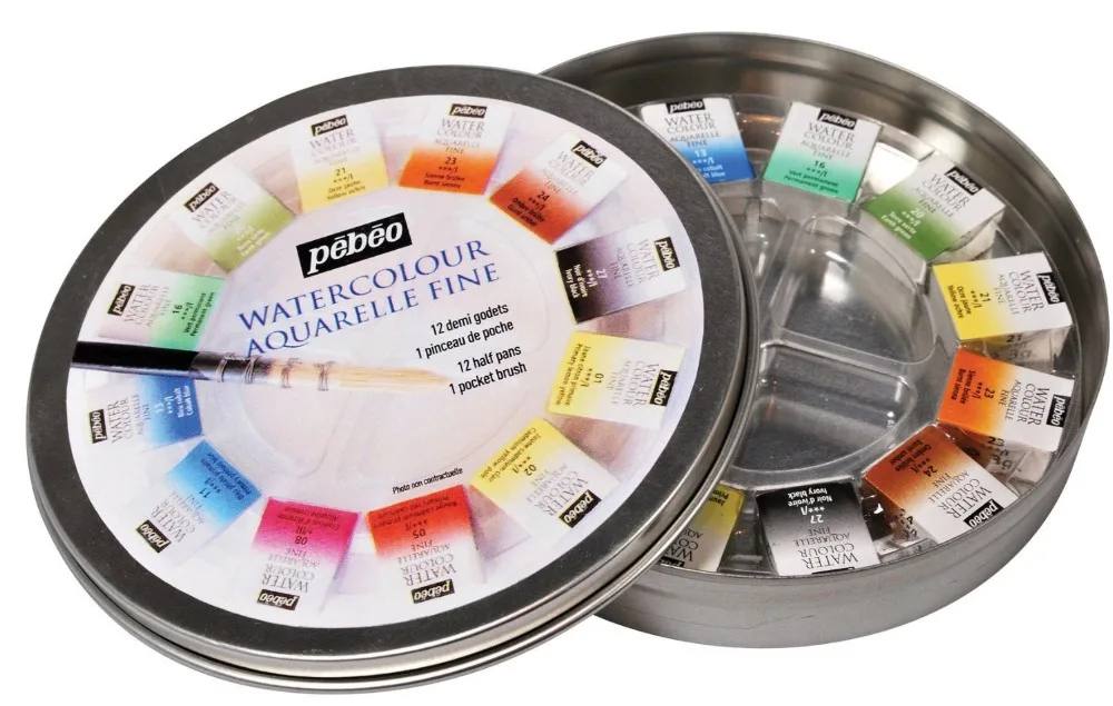 

Pebeo Fine Watercolours Round Metal Box of 12 Half Pans 1 Brush and 1 Palette Pocket Set