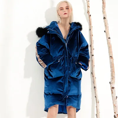 Женская парка зимняя Золотая Бархатная куртка для женщин модный бренд с капюшоном меховой воротник толстые теплые пальто с хлопковой подкладкой пальто - Цвет: Apricot gray