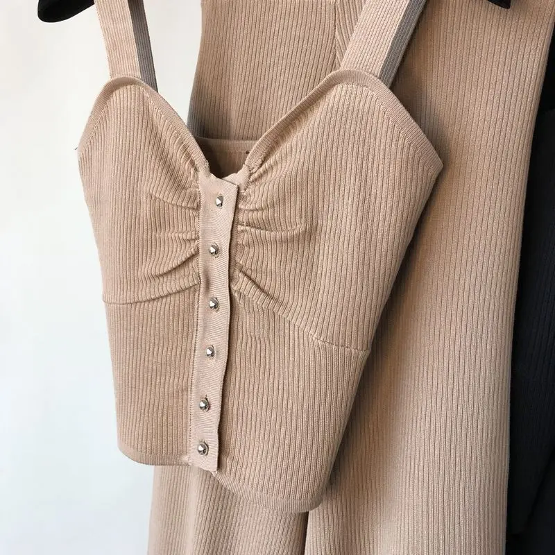 ALPHALMODA без рукавов Вязанный жилет+ трикотажные широкие брюки женские летние 2 шт повседневный комплект однобортный наряд брюки костюмы