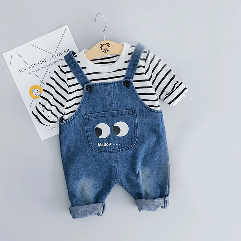 Children Clothing Boys Denim Overalls Set Cute Cartoon Eye Striped Top and Bib Jeans 2PCS Kid Boy Boys Girls Clothes