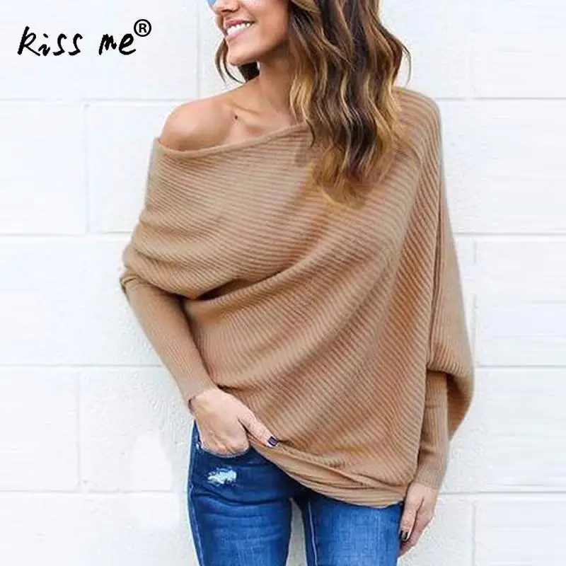 Cheaper Women Knitted Sweater New Autumn Winter Tops Long Batwing Sleeve Knit Off Shoulder Jumper Pullovers XL Solid | Женская одежда