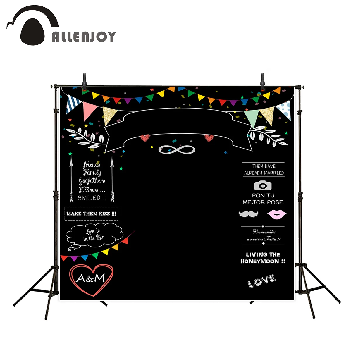 Allenjoy photography backdrops Wedding backdrop blackboard colorful flags banners love happy wedding custom photocall a photo |