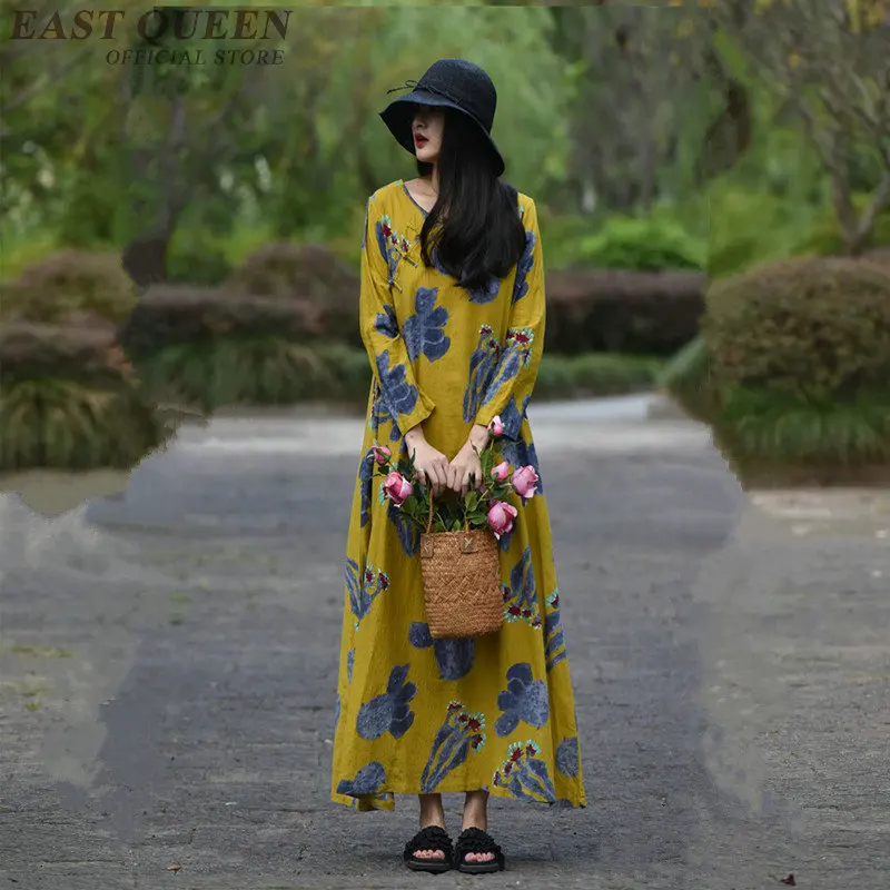 

Summer and spring vintage women long dress full sleeve loose print floral embroidery plus size beach dresses female AA3195 F