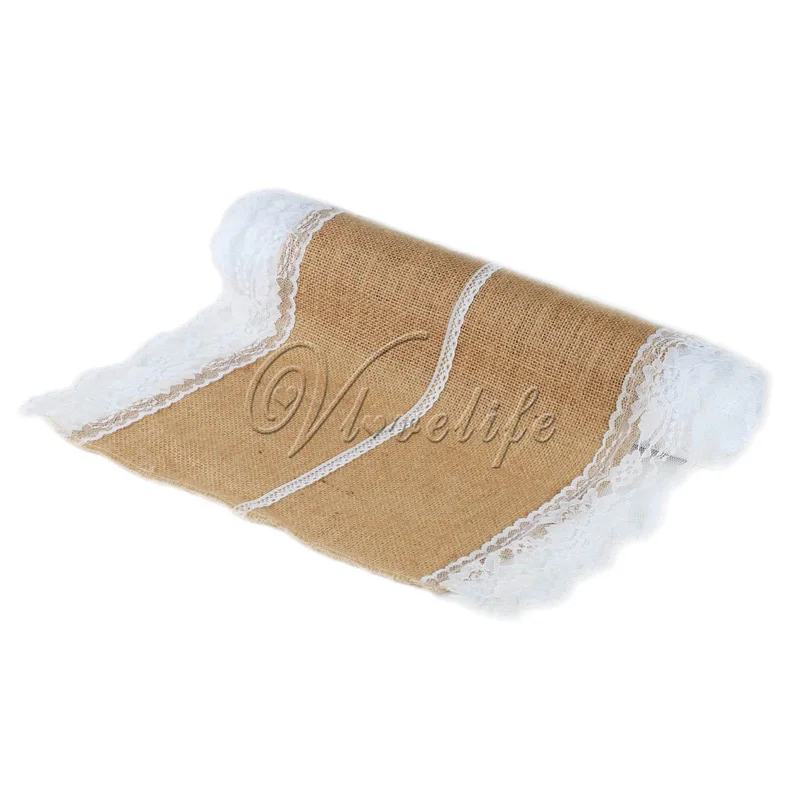 Изысканная скатерть из натурального джута 40 см х 275 с чистым белым кружевом и