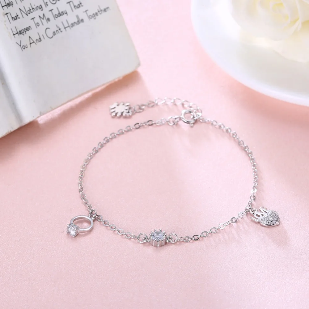 Женский браслет из серебра 100% пробы с кристаллами|heart charm bracelet|charm braceletsilver bracelet |