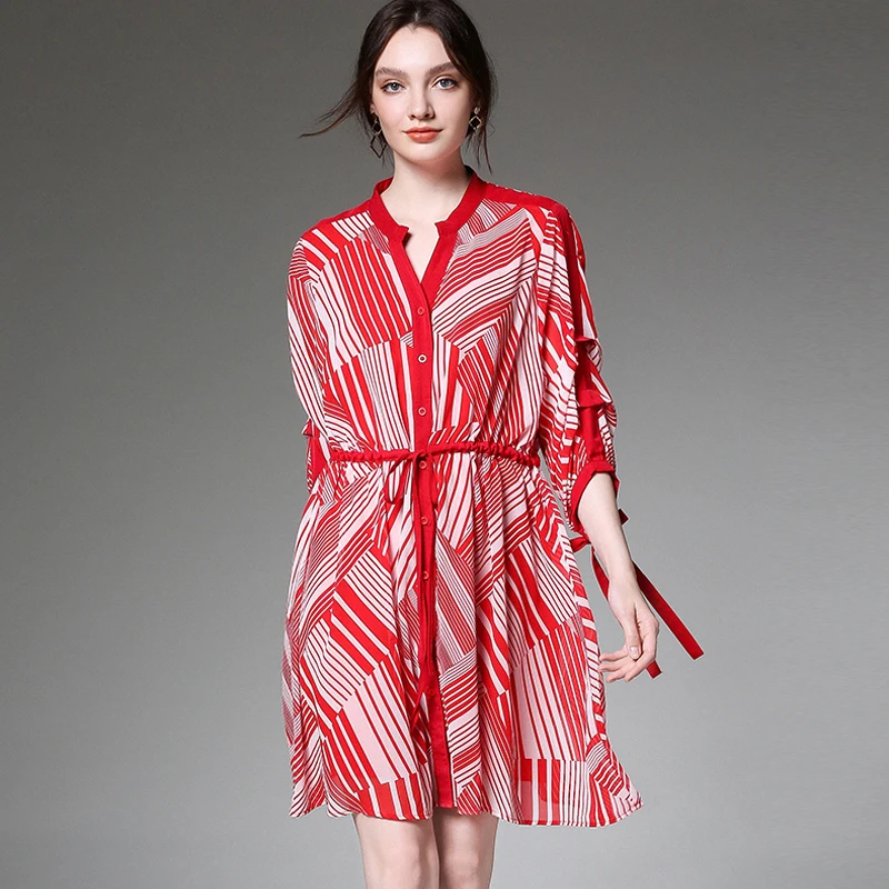 

Plus Size Casual Loose Fashion Print Chiffon Dresses Womens High Waist Georgette Elegant Dress Summer New Short Sleeve Dress