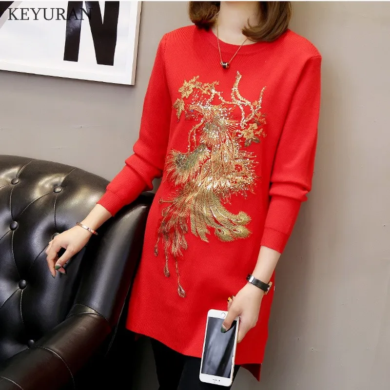 2018 осень-зима Новая мода павлин вышивка блестками Для женщин Вязание свитера