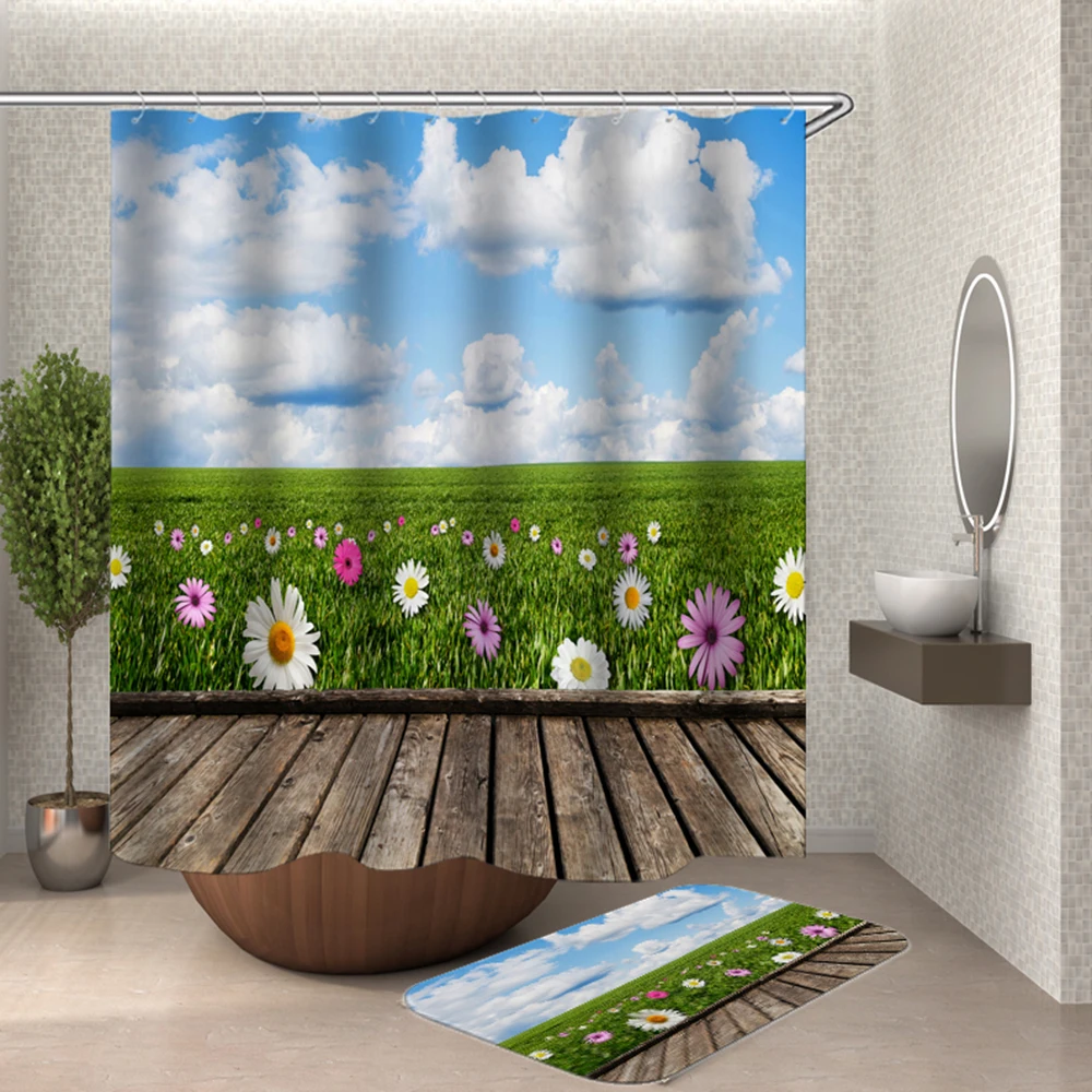 

New Arrival Wood Door Shower Curtain Bathroom Curtain Green Vine Grassland Bath Curtain 3D Douchegordijn Rideau Douche Fabric