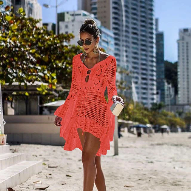 orange beach dress BLESSKISS парео пляжное платье для женщин Туника Летняя вязаная крючком с длинным рукавом бикини купальник на выход сетчатая накидка юбка - Цвет: orange beach dress