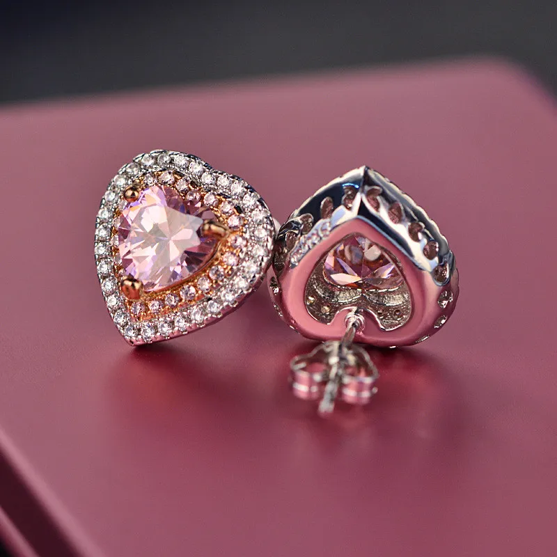 Серьги-гвоздики для женщин, Серебро S925 пробы, хорошее ювелирное изделие, розовое сердце любовь, Brincos, для невесты, свадьбы, помолвки, романтическая бижутерия