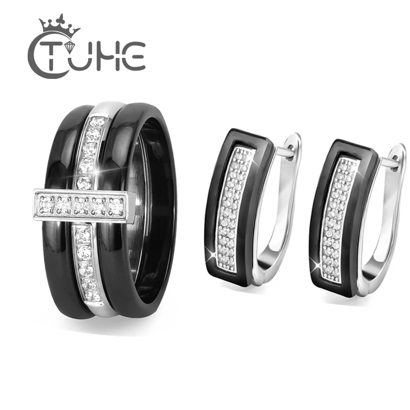 

9MM Exquisite Ceramic Wedding Jewelry Sets For Women With Luxury Crystal Jewelry Engagement U Shape Stud Earrings Black Ring Set