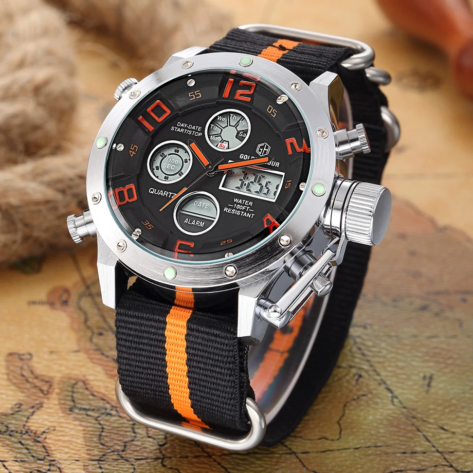 Reloj Hombre GOLDENHOUR спортивные холщовые ремни Автоматические Мужские часы с цифровым
