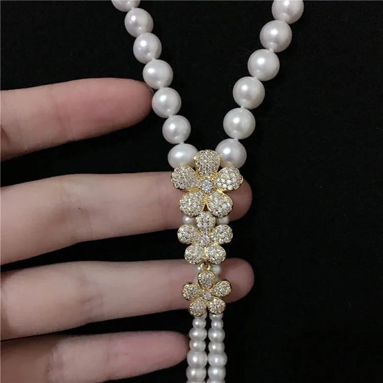 Hand knotted natural white freshwater pearl long 80+20cm sweater chain flowers gold two styles zircon accessories necklace | Украшения и
