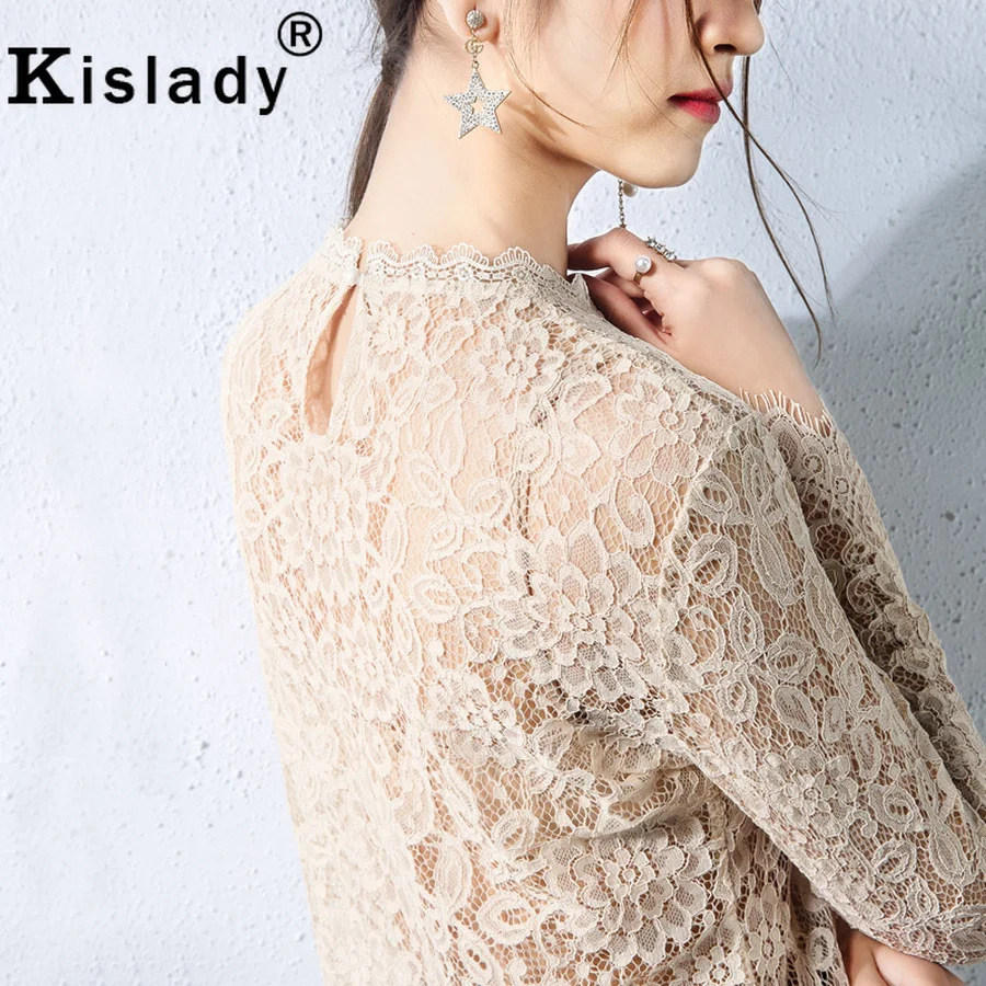 Kislady весна лето кружевные прозрачные женские блузки с круглым вырезом и расклешенными рукавами корейская мода одежда размера плюс сексуальный сетчатый топ