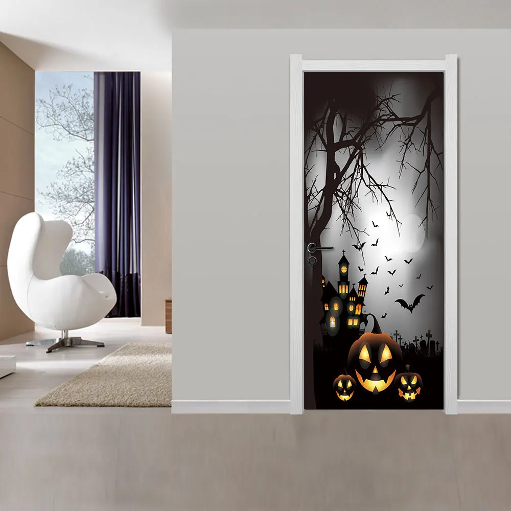 Fog Moon Night Pumpkin Bat Sticker Halloween Decoration Door Party Decal | Дом и сад