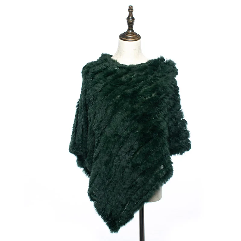 dark green Женское пончо с кроличьим мехом без рукавов, вязаная накидка, Женская шаль, весна-Зима, модная треугольная пушистая женская накидка - Цвет: dark green