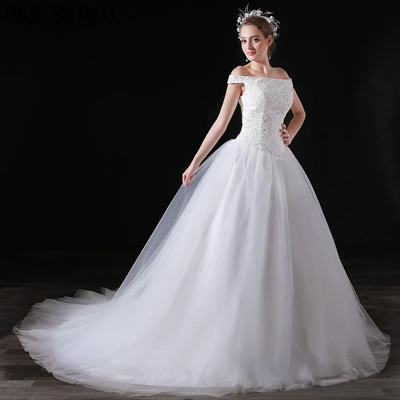 H & S tul de novia vestido de boda vestidos con velo nuevos con cuentas de hombro novia Simple vestido túnica mariee 2019 boho dentelle