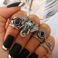 sexemara 7pcsset vintage stylish punk black blue opal elephant ring set for women boho carved knuckle midi rings set party gift