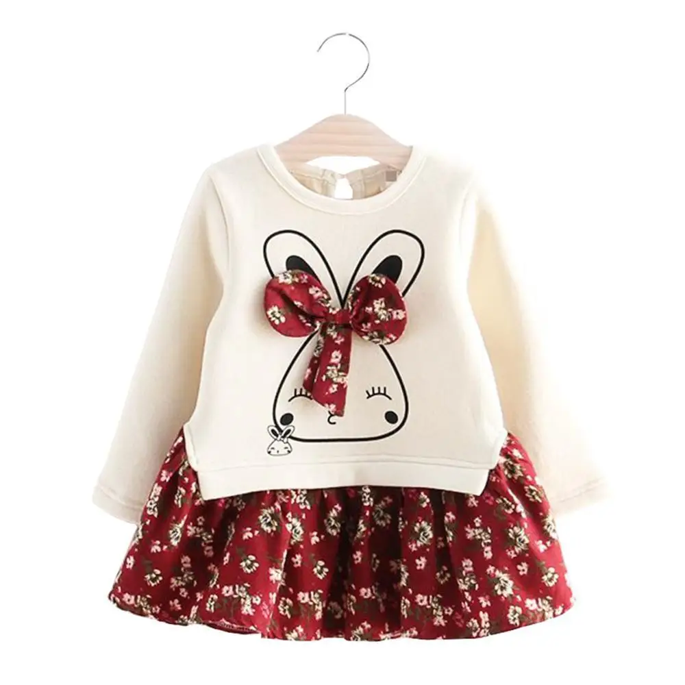 Платье с длинными рукавами для девочек; Новинка г.; Детские платья принцессы с цветочным рисунком и кроликом; Повседневная плотная теплая детская одежда; костюм для малышей