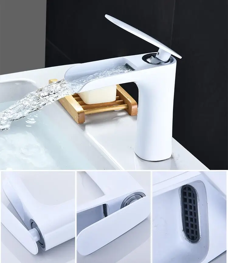 Bathroom Basin Faucet Black/White Baking Solid Brass Faucet Sink Mixer Tap Hot and Cold Waterfall Basin Lavtory Faucet