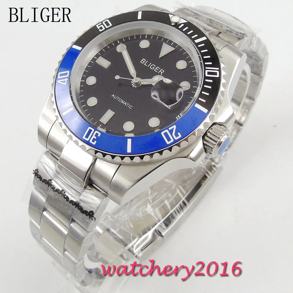 

40mm Bliger Black Dial Ceramic Bezel SS-Case Auto Date Luminous Marks Sapphire Glass Automatic Movement Men's Watch