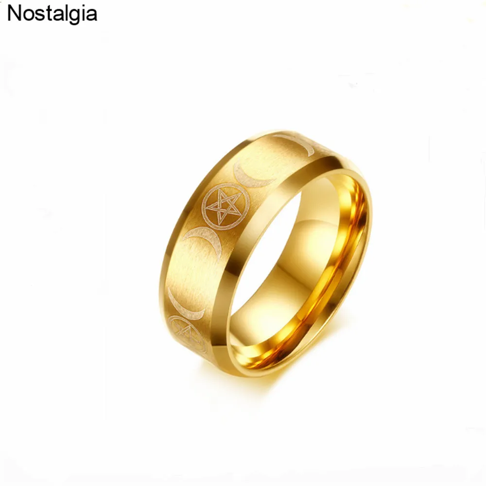 Gold Тройная Луна богиня Wicca колдовство титана Луна кольцо для мужчин золото серебро черный Панк нержавеющая сталь Ювелирные изделия Подарки для женщин - Цвет основного камня: Gold
