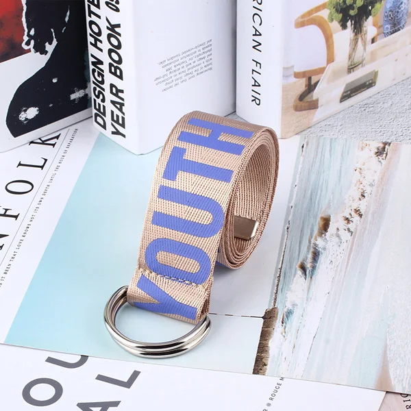 purple Women Jeans Belt Fashion Letter Printed Unisex Double D Ring Canvas Strap Female Long Belts For girl Jeans decoration Belts H101 - Цвет: purple