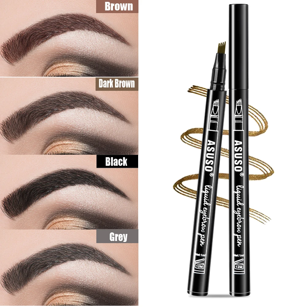 Waterproof Natural Fork Tip Eyebrow Tattoo Pen Eye Brow Tint Makeup Four Colors Pencil Brown Black Grey Brush | Красота и здоровье