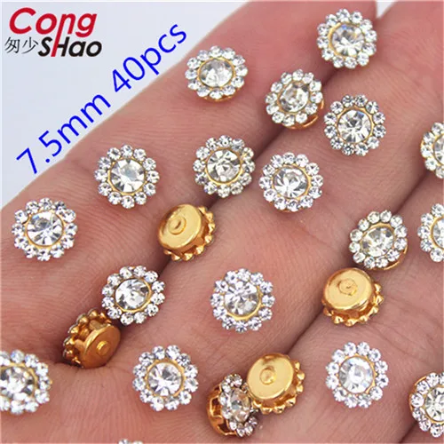 7.5mm 40pcs Высокое качество пришить Стекло AB кристаллы Золотая Цветочная аппликация со стразами для шитья коготь Кристалл Камень для рукоделия одежда 8Y272 - Цвет: 7.5mm 40pcs