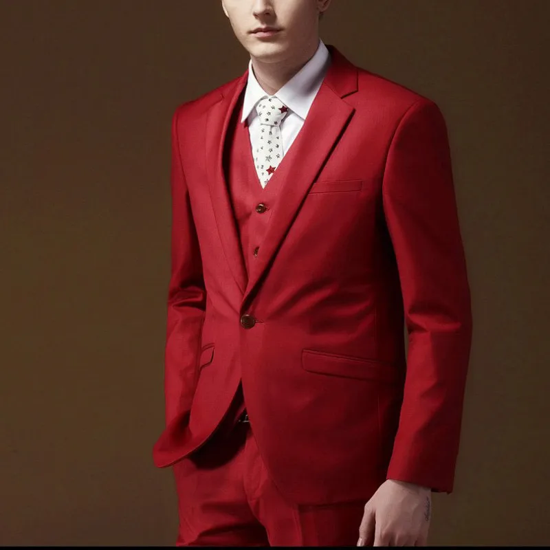 Hot sale formal red Groom Tuxedos mens suits Peak Lapel one button Man wedding Suit Wedding Groomsman Suits (Coat+Pants+Vest)
