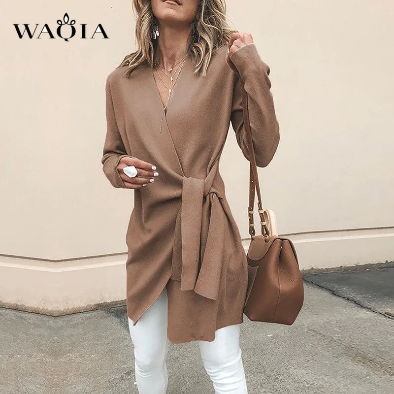 WAQIA 2018 зимнее длинное пальто с поясом из смесовой шерсти Осень v-образный вырез
