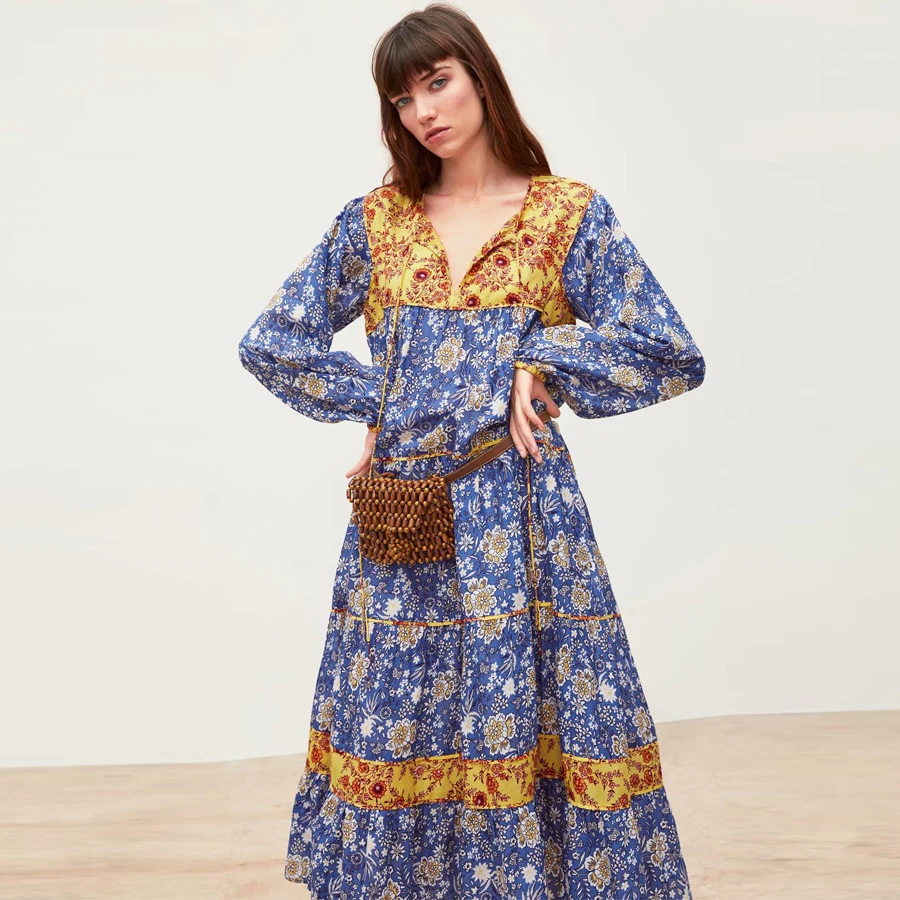 Женское платье с длинным рукавом TEELYNN синее свободное из полиэстера цветочным