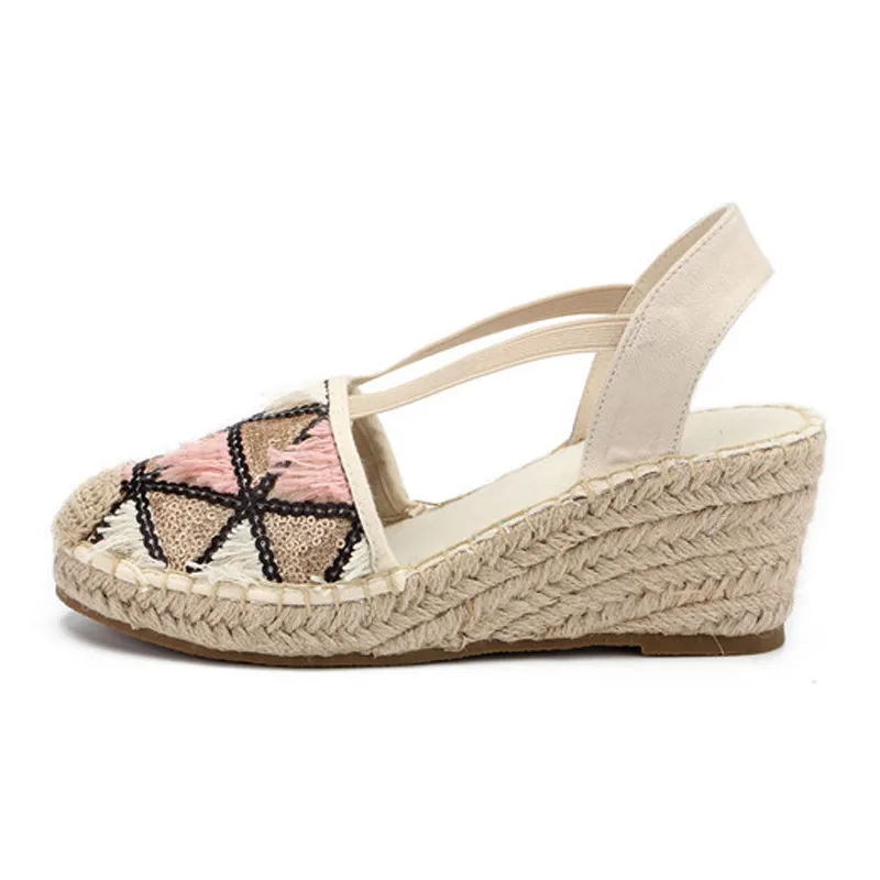 Босоножки женские из льна на платформе с ремешком щиколотке среднем каблуке