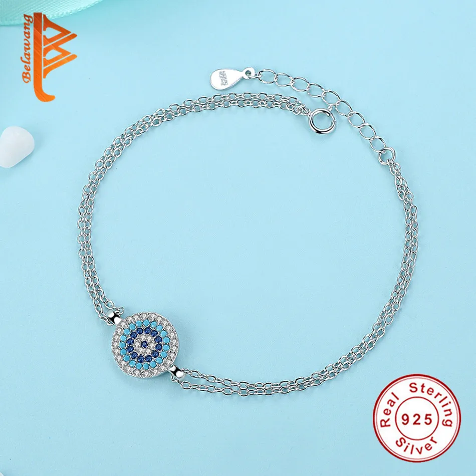 

BELAWANG Authentic 925 Sterling Silver Round Bracelet Adjustable Chain Blue Crystal Lucky Eyes Charm Bracelets for Women Jewelry