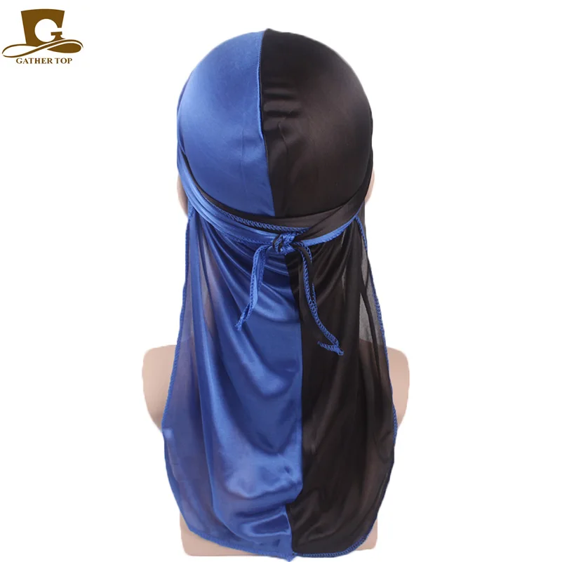 Фото Новинка модные двухцветные мягкие атласные Durag мужские шелковые Лоскутные прочные банданы-тюрбан головной убор аксессуары для волос №1