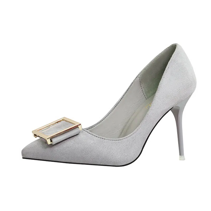 WEESITT 2017 Весна Замши Квадратных Пряжки Металла Сексуальная Ретро Высокой каблуки