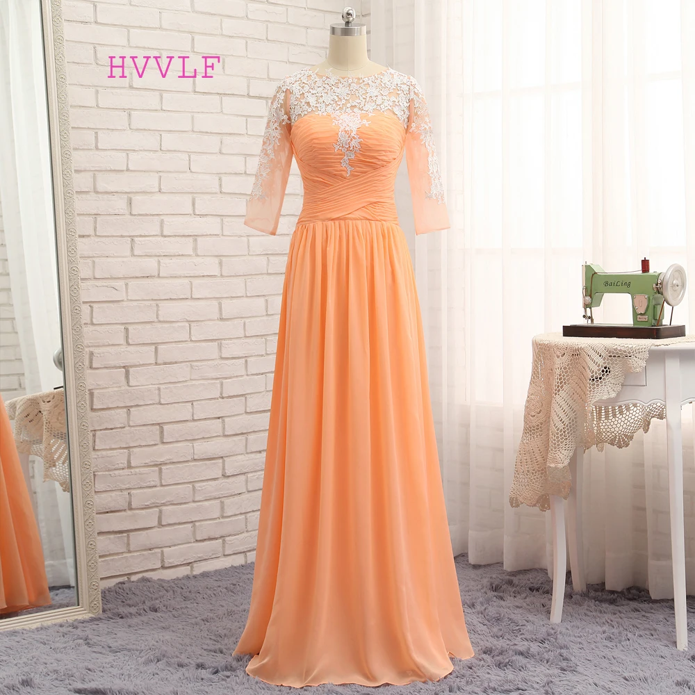 

Orange Evening Dresses A-line Half Sleeves Chiffon Appliques Lace Elegant Long Evening Gown Prom Dress Prom Gown