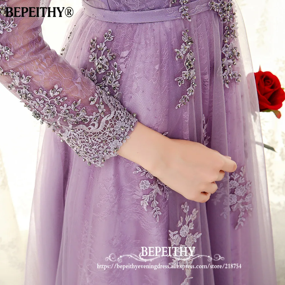 BEPEITHY фиолетовое длинное вечернее платье с длинными рукавами vestido de festa кружевное винтажное элегантное выпускное платье с v-образным вырезом