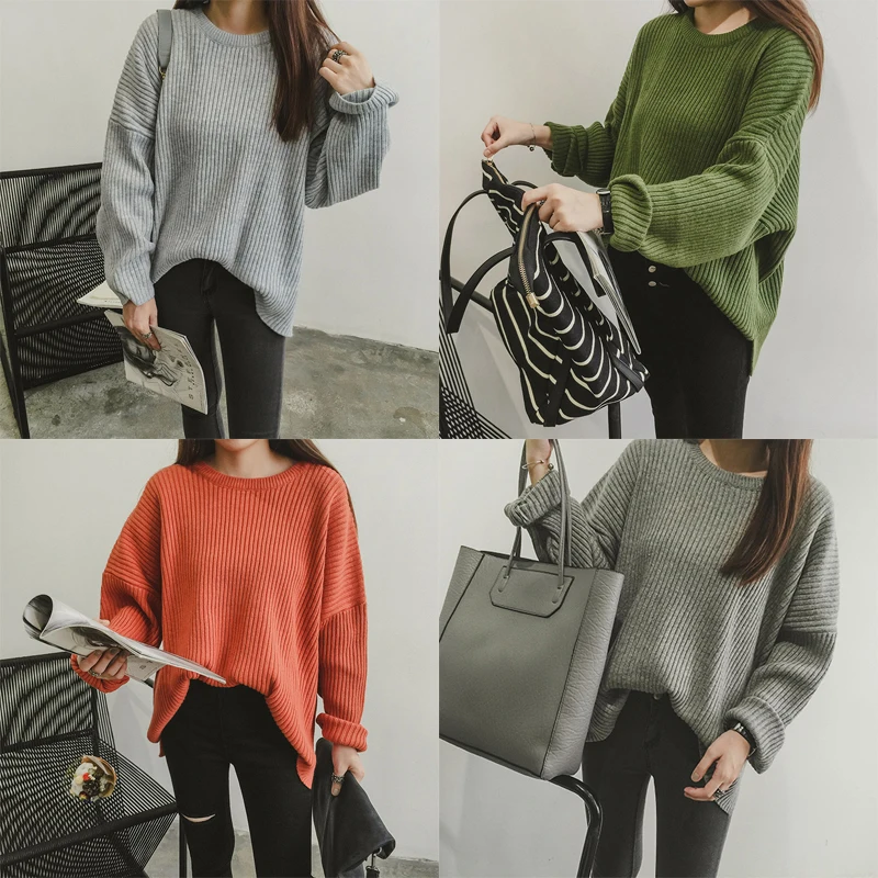 Missting autumn oversized sweater o-neck long-sleeve loose solid color women sweaters and pullovers (A5107) | Женская одежда