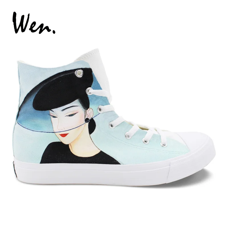 

Wen Design Classic Beautiful Lady Hand Painted Shoes Original Design Painting Canvas Sneakers High Ankle Pedal Platform Flats