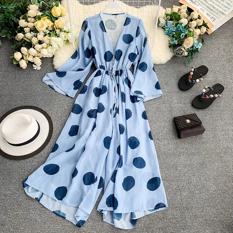 2019 новые модные женские комбинезоны в горошек широкие брюки с v образным вырезом