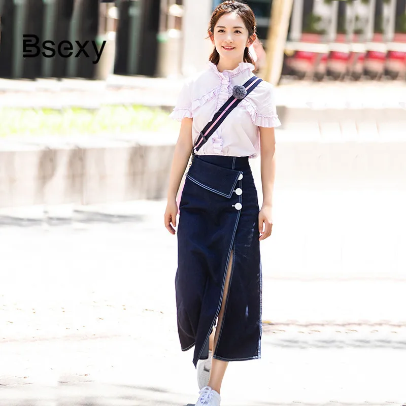 Элегантная женская линия а джинсовая юбка 2019 элегантная высокая талия вилка