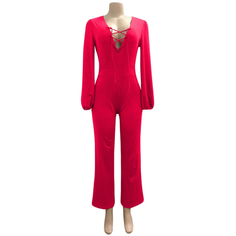 2017 new Sexy Women autumn loose casual Jumpsuit long sleeve v-neck wide leg solid jumpsuit romper trousers | Женская одежда
