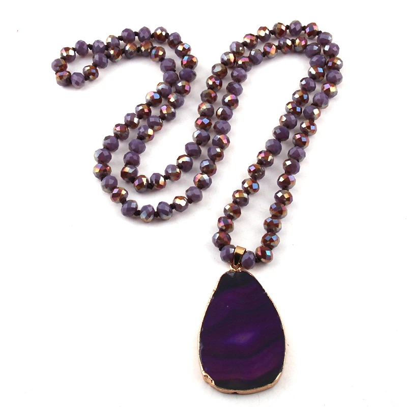

Fashion Purple Crystal Glass Knotted Agat Stone Drop Pendant Necklaces