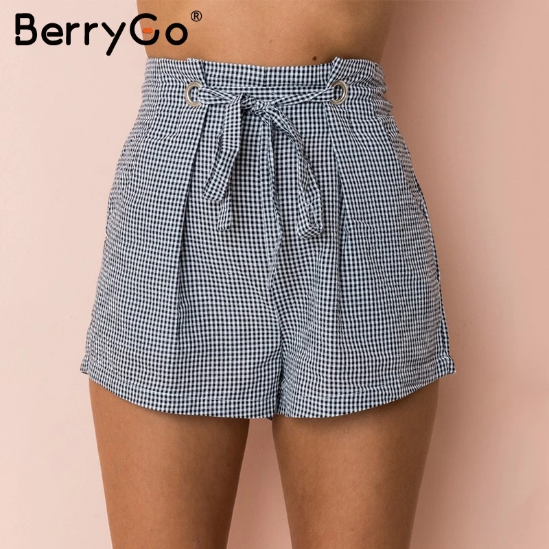 BerryGo повседневные клетчатая Высокая талия Шорты женские летние на молнии белые